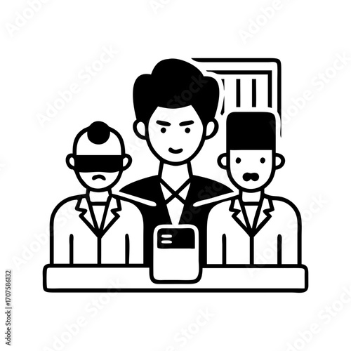 Vector art of a stern leader stands behind two subordinates, one blindfolded and sad, the other seemingly content