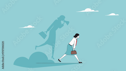 businesswoman shadow yelling to himself with megaphone concept illustration, negative critic thinking to blame your self, depressed businesswoman self shadow blame with megaphone illustration
