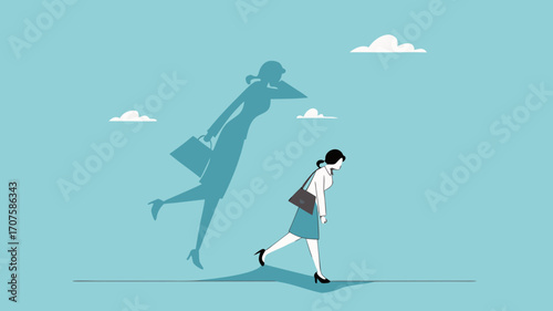 businesswoman shadow yelling to himself with megaphone concept illustration, negative critic thinking to blame your self, depressed businesswoman self shadow blame with megaphone illustration