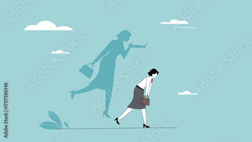 businesswoman shadow yelling to himself with megaphone concept illustration, negative critic thinking to blame your self, depressed businesswoman self shadow blame with megaphone illustration