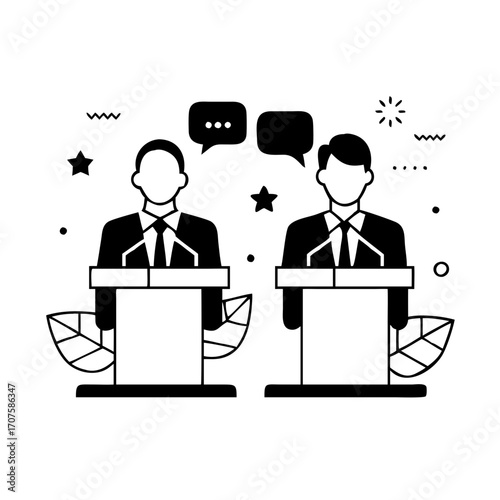Vector art of two candidates are debating at a political debate, they are standing behind podiums with speech bubbles