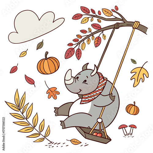 Delightful Grumpy Rhino in a Thanksgiving scene with on a cloud swing – Harvest Blessings vector illustration
