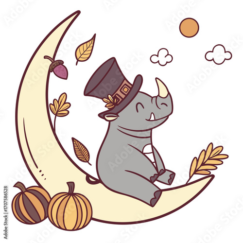 Delightful Happy Rhino in a Thanksgiving scene with sitting on a moon – Harvest Blessings vector illustration