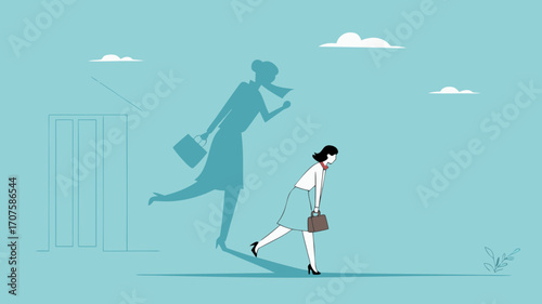 businesswoman shadow yelling to himself with megaphone concept illustration, negative critic thinking to blame your self, depressed businesswoman self shadow blame with megaphone illustration