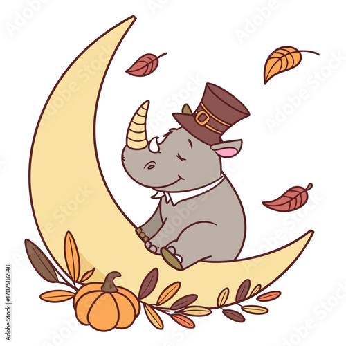 An adorable Rhino with a Bashful vibe, sitting on a moon, and a Harvest Blessings Thanksgiving theme – SVG style