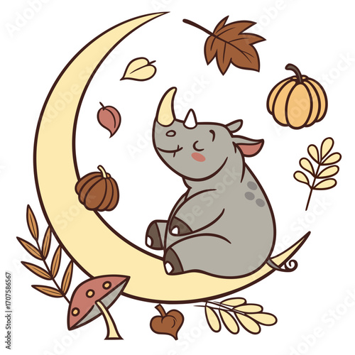 An adorable Rhino with a Bashful vibe, sitting on a moon, and a Harvest Blessings Thanksgiving theme – SVG style