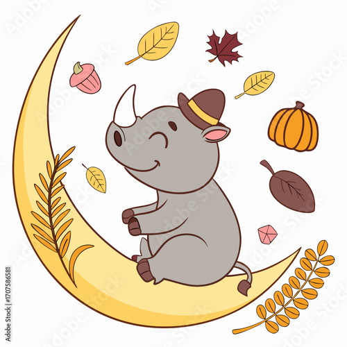 Delightful Happy Rhino in a Thanksgiving scene with sitting on a moon – Harvest Blessings vector illustration