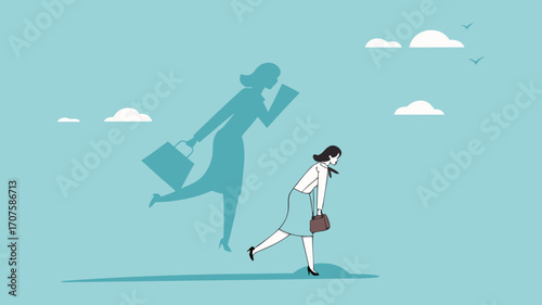 businesswoman shadow yelling to himself with megaphone concept illustration, negative critic thinking to blame your self, depressed businesswoman self shadow blame with megaphone illustration