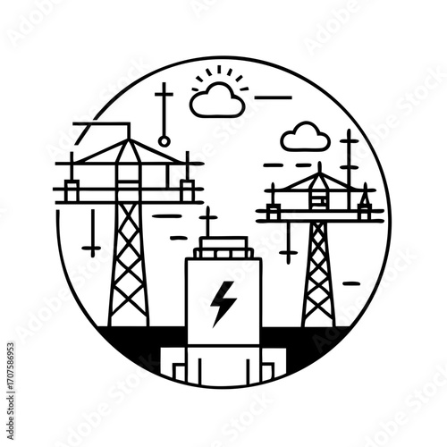 Vector art of power station vector illustration energy generation and distribution system, electric power transmission line