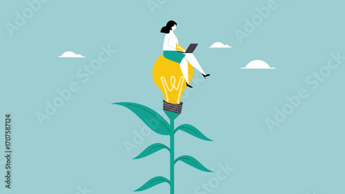 learn more knowledge to grow and success, study to get new skill, businesswoman studying on a light bulb plant concept vector illustration