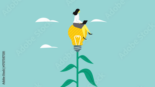 learn more knowledge to grow and success, study to get new skill, businesswoman studying on a light bulb plant concept vector illustration