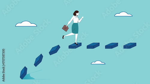 Overcoming obstacles to achieving success, woman crosses a bridge that will collapse to achieve business goals or career success, overcoming problems in business, strategy to get out of trouble
