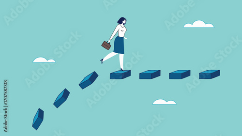 Overcoming obstacles to achieving success, woman crosses a bridge that will collapse to achieve business goals or career success, overcoming problems in business, strategy to get out of trouble