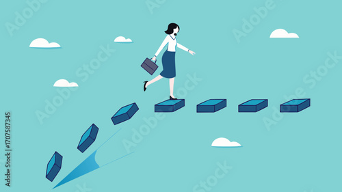Overcoming obstacles to achieving success, woman crosses a bridge that will collapse to achieve business goals or career success, overcoming problems in business, strategy to get out of trouble