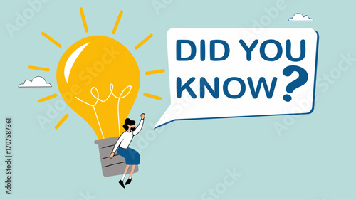 did you know? banner concept illustration, expert information, explanation or solution, woman riding a light bulb idea balloon and using a megaphone with a speech bubble that says did you know?
