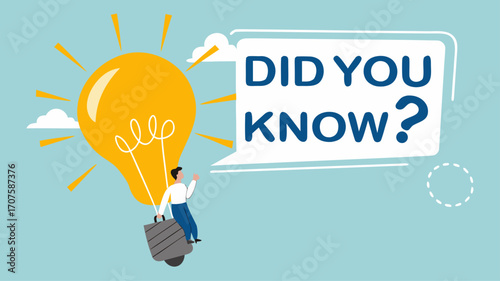 did you know? banner concept illustration, expert information, explanation or solution, woman riding a light bulb idea balloon and using a megaphone with a speech bubble that says did you know?
