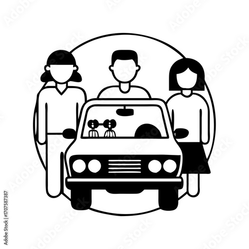 Vector art of family car trip with parents and children, road trip and vacation concept with family