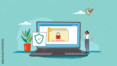 confidential document, security or protection for archiving important files or documents, secret security key for privacy protection, woman locks document folder on laptop with security padlock