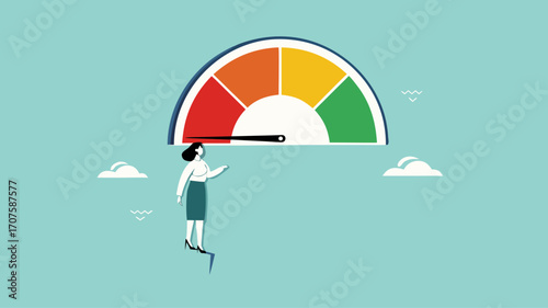 poor performance employee with woman office worker hanging on the needle measuring low performance, bad rating evaluation, laziness in improving the quality of performance
