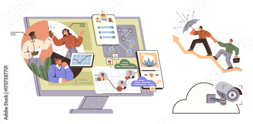 Computer monitor displaying team collaboration, charts, remote work tools, and security. Ideal for teamwork, digital productivity, remote work, smart strategies analytics security growth. Simple