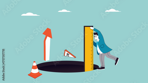 risk estimation, estimate business risk, businessman using a ruler measures the depth of a hole on the road