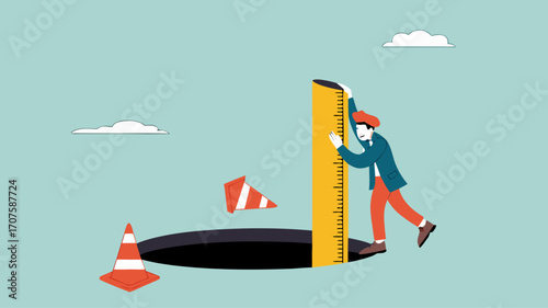 risk estimation, estimate business risk, businessman using a ruler measures the depth of a hole on the road