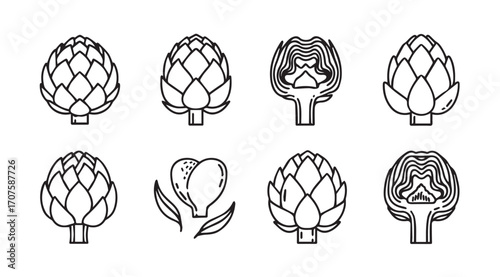 Collection of artichoke illustrations in a distinctive silhouette style