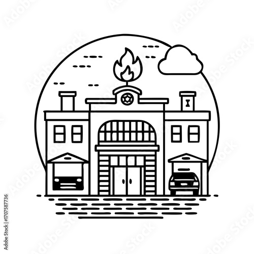 Vector art of fire station building with fire truck and car emergency service for fire prevention and rescue operations