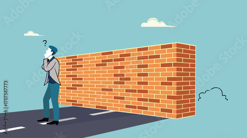 businessman facing the wall concept illustration, business obstacle and barrier concept, Businessman Stand with Dizzy Head front of High Brick Wall Face Difficulty on Way to Goal Achievement concept