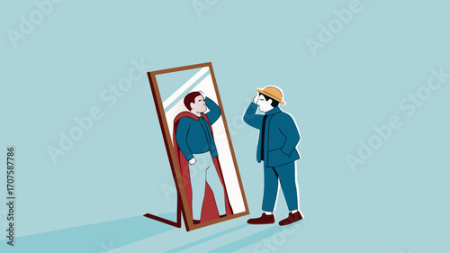 Illustration of a businessman looking in the mirror with the image of himself being a king suitable for describing leadership, confident, know yourself flat design vector illustration