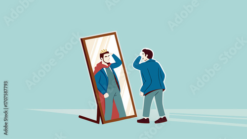 Illustration of a businessman looking in the mirror with the image of himself being a king suitable for describing leadership, confident, know yourself flat design vector illustration