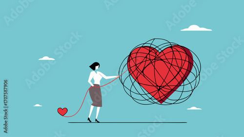 mood reset, relieve stress or fatigue, eliminate problems that hinder a good mood, woman removes messy lines on the heart to restore a good mood