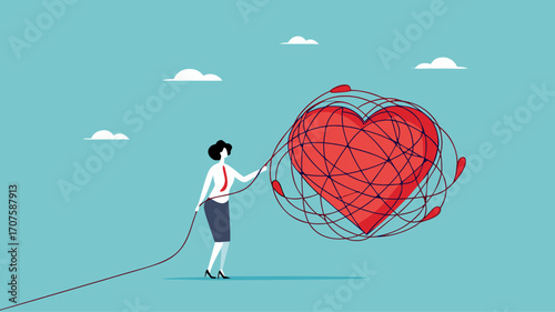 mood reset, relieve stress or fatigue, eliminate problems that hinder a good mood, woman removes messy lines on the heart to restore a good mood