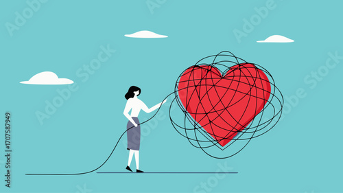 mood reset, relieve stress or fatigue, eliminate problems that hinder a good mood, woman removes messy lines on the heart to restore a good mood