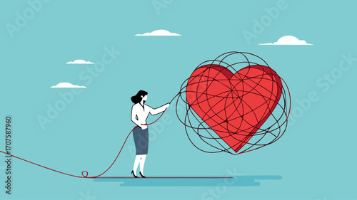 mood reset, relieve stress or fatigue, eliminate problems that hinder a good mood, woman removes messy lines on the heart to restore a good mood