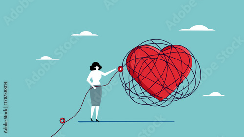 mood reset, relieve stress or fatigue, eliminate problems that hinder a good mood, woman removes messy lines on the heart to restore a good mood