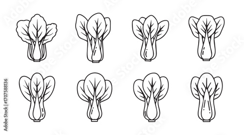 Collection of eight stylized bok choy vegetable silhouettes in a grid pattern
