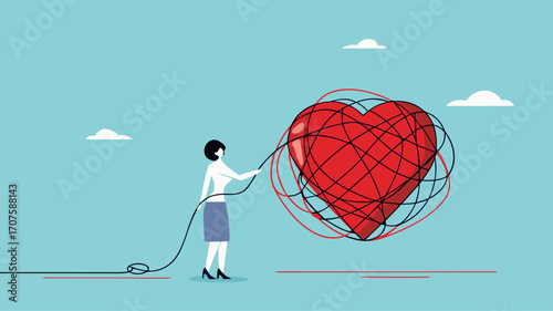 mood reset, relieve stress or fatigue, eliminate problems that hinder a good mood, woman removes messy lines on the heart to restore a good mood