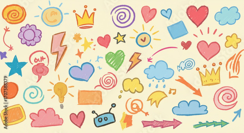 Cute doodle elements for creative designs, perfect for whimsical art and playful invitations