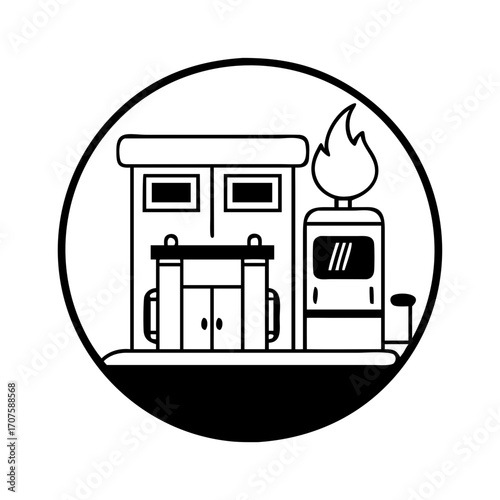 Vector art of gas station building filling station with flame, fuel dispenser and shop in a circle vector illustration