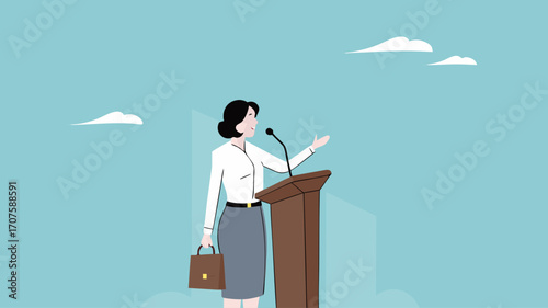 public speaking skills, executive management skill to communicate with employee, , illustration of a person expressing an opinion, business woman makes a speech giving direction to employees