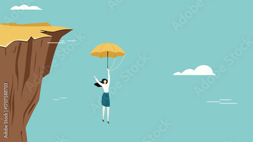 insurance, health or life insurance, guarantee or personal protection from the dangers of accident or disease, business woman survived using an insurance umbrella when he fell from a cliff
