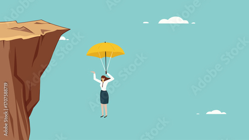 insurance, health or life insurance, guarantee or personal protection from the dangers of accident or disease, business woman survived using an insurance umbrella when he fell from a cliff