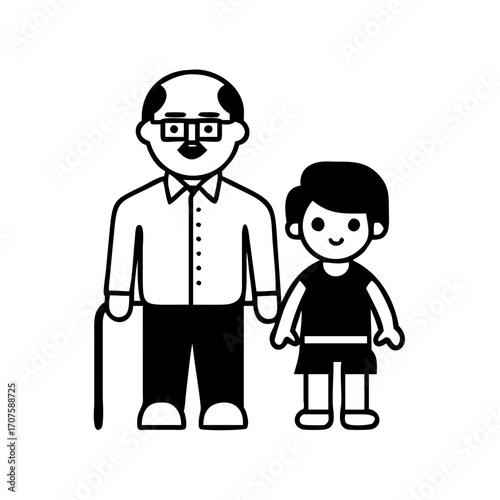 Vector art of grandfather and grandson icon family concept with old man and young boy in thin line style vector illustration