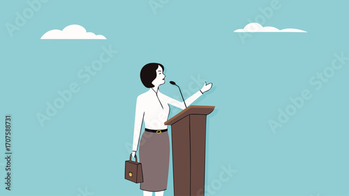 public speaking skills, executive management skill to communicate with employee, , illustration of a person expressing an opinion, business woman makes a speech giving direction to employees