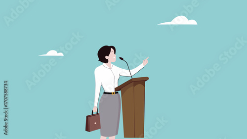 public speaking skills, executive management skill to communicate with employee, , illustration of a person expressing an opinion, business woman makes a speech giving direction to employees
