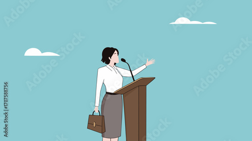 public speaking skills, executive management skill to communicate with employee, , illustration of a person expressing an opinion, business woman makes a speech giving direction to employees