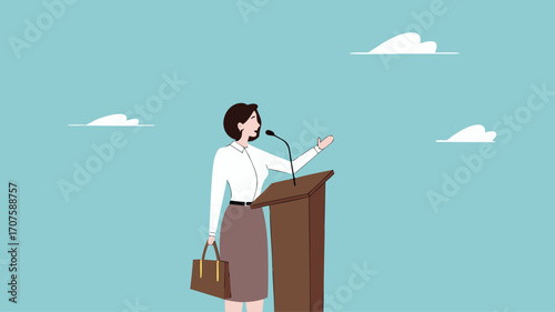 public speaking skills, executive management skill to communicate with employee, , illustration of a person expressing an opinion, business woman makes a speech giving direction to employees