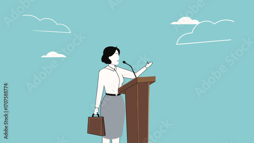 public speaking skills, executive management skill to communicate with employee, , illustration of a person expressing an opinion, business woman makes a speech giving direction to employees
