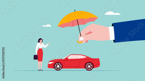 car insurance or insurance against driving accident, automobile protection concept, assurance cover for transportation accident, big businesswoman hand protects the car and its owner from danger